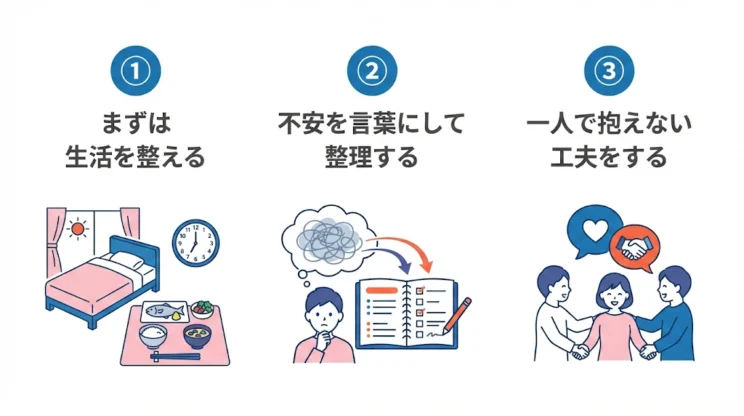 ① まずは生活を整える
② 不安を言葉にして整理する
③ 一人で抱えない工夫をする