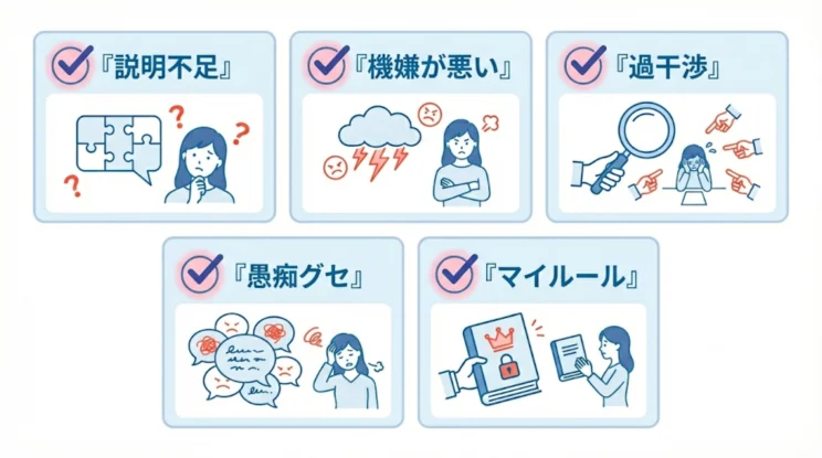 お局度チェックポイント
・説明不足
・機嫌が悪い
・過干渉
・愚痴グセ
・マイルール
