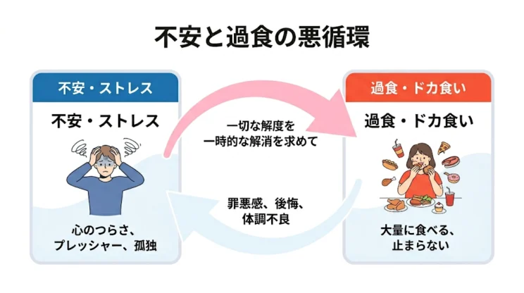 不安から過食することもあれば、過食したあとに不安が強まることもある
