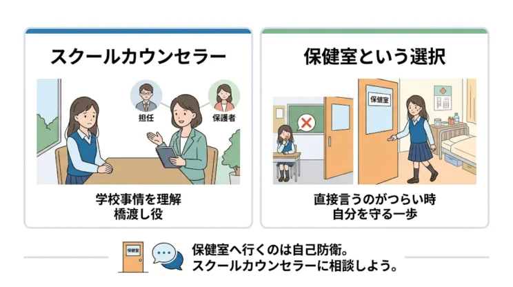 親や担任に言いにくいときは、保健室やスクールカウンセラーを使う