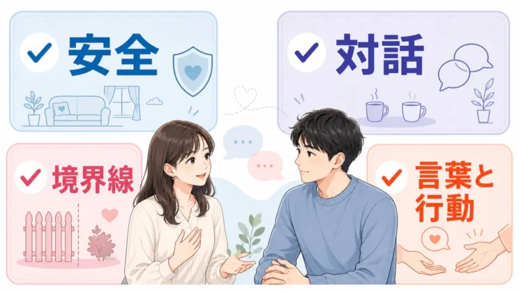 関係を見極めるときは、安全・対話・境界線・言葉と行動の一致を確かめます。