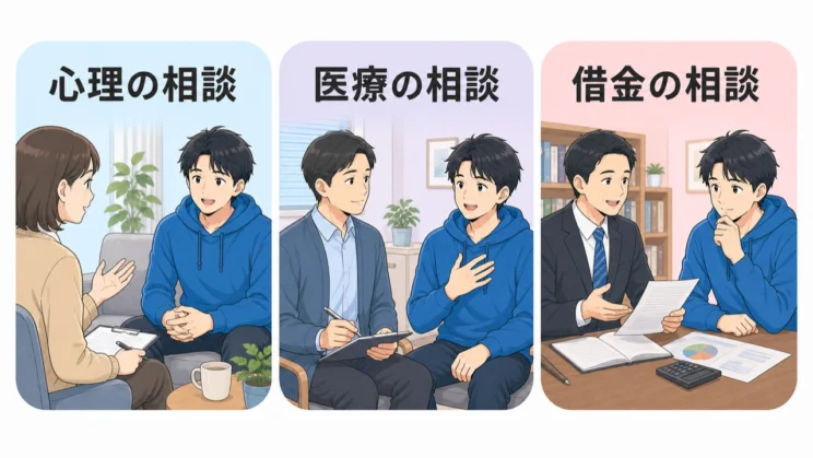 心理、医療、借金のうち、今の困りごとに近い窓口から相談できます。
