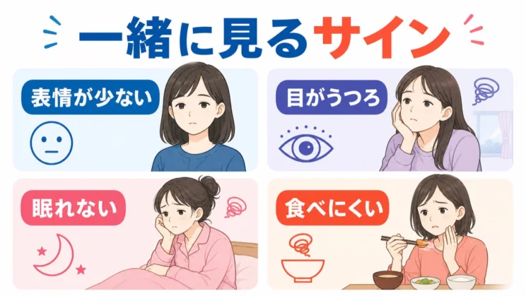 目の印象だけでなく、眠りや食事などのサインも一緒に確認します。
