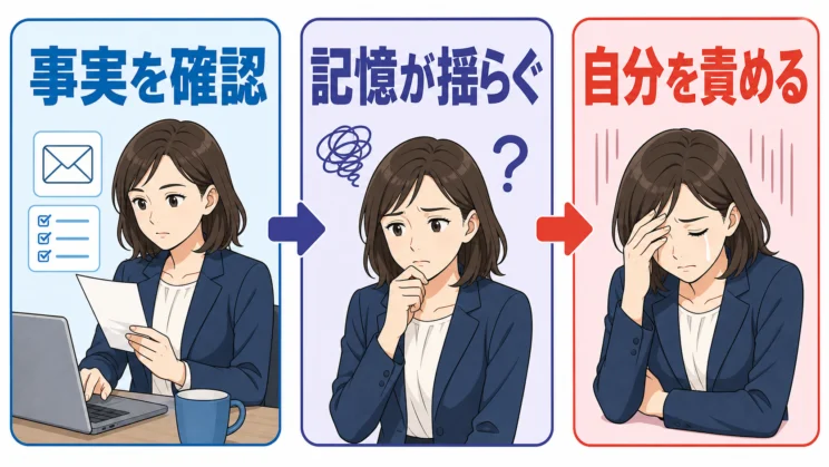 嘘の裏取りを重ねるうちに、自分の記憶まで疑ってしまう流れは、心を静かに消耗させます。