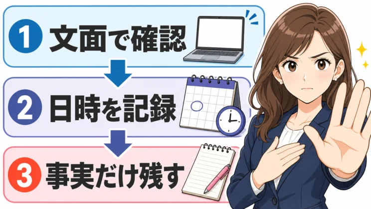 業務連絡を文面で確認し、日時と事実だけを残す記録は、相手を責めるためではなく自分を守るためです。