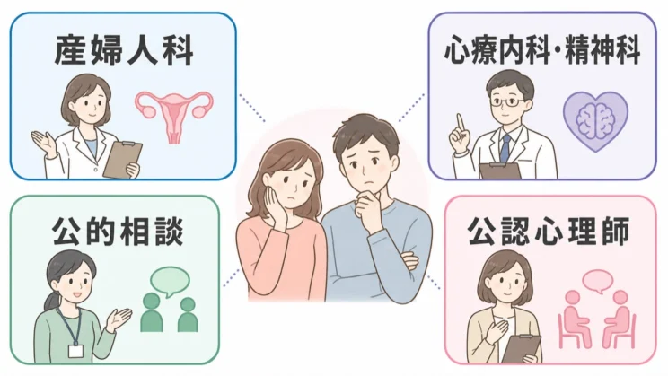 産婦人科や心療内科、公的な相談窓口、公認心理師など、状況に合う相談先を選んで構いません。