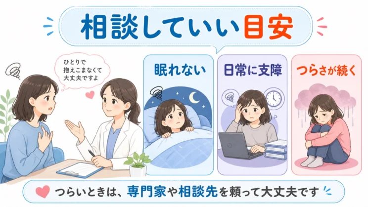 眠れない日や日常への支障が続くときは、相談先を頼ってよい状態です。