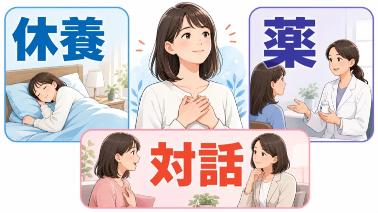 休養を土台に、必要に応じて薬や対話を組み合わせて回復を支えます。