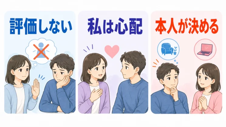 評価を避けて心配を伝え、最後の決定を本人に残すと押しつけになりにくくなります。