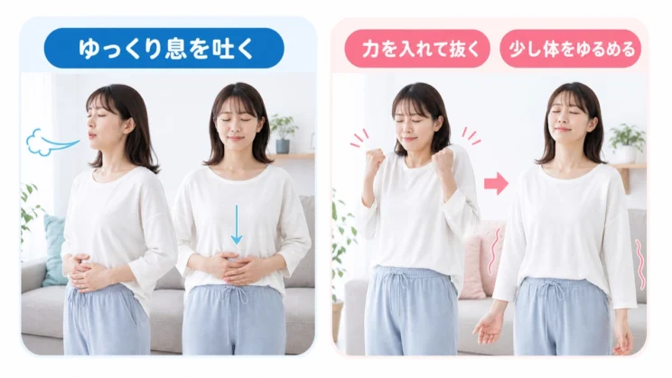 落ち着こうと気負わず、息をゆっくり吐いて体のこわばりを少しずつゆるめます。
