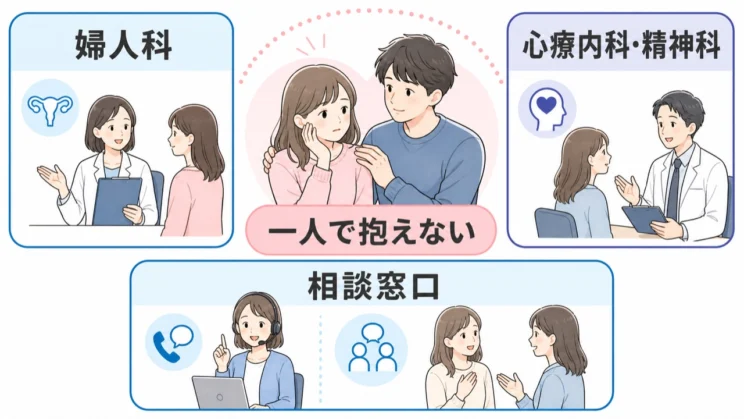 婦人科や心療内科・精神科、匿名で話せる相談窓口など、頼れる先を一つでも持っておいてください。