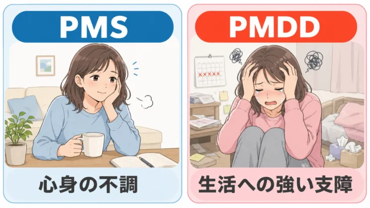 PMDDは精神症状が強く、仕事や人間関係など日常生活への支障が大きい点が特徴です。
