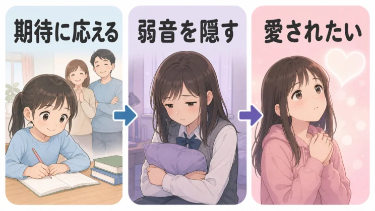 期待に応えようとして弱音を隠す奥には、ありのままでも愛されたいという自然な気持ちがあります。