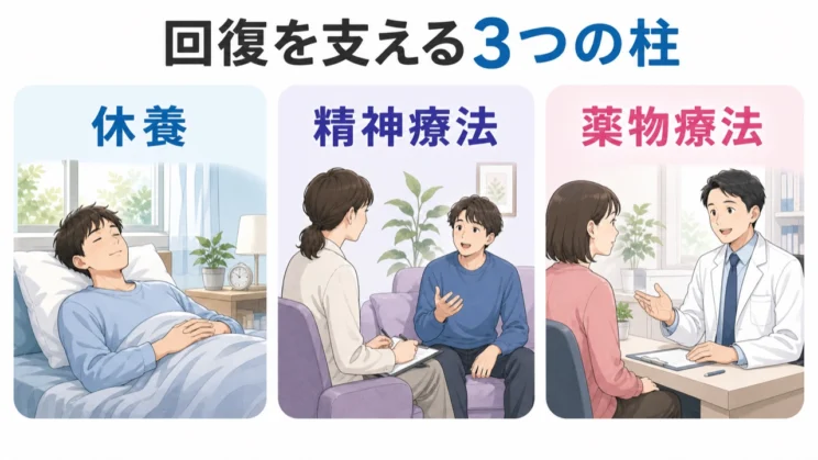回復は休養・精神療法・薬物療法を、その人の状態に合わせて組み合わせながら支えます。