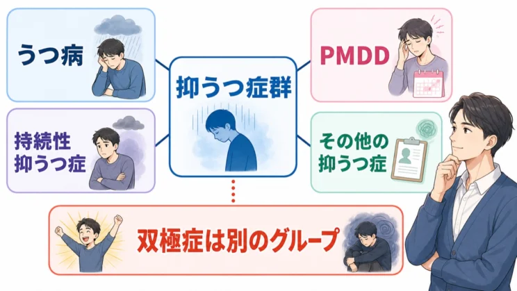 抑うつ症群は複数の状態を含むまとまりで、双極症は別のグループとして見極めます。