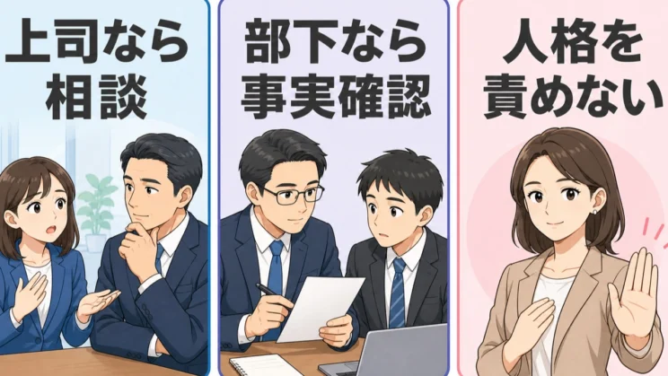 相手の立場に応じて相談先や確認方法を変えても、人格を責めず行動と事実に絞る原則は同じです。