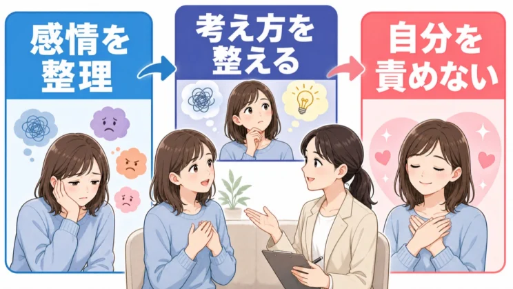 カウンセリングでは感情と考え方を整理し、自分を責めすぎない受け止め方を育てます。