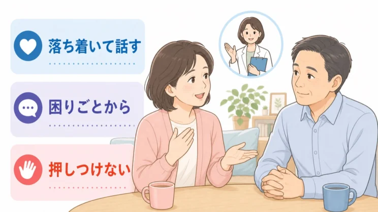 受診の話は、診断名よりも生活上の困りごとから始めると受け止められやすくなります。