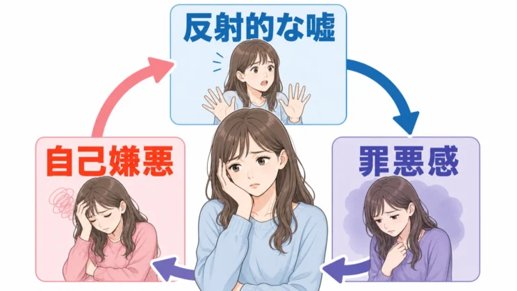反射的な嘘の後に罪悪感と自己嫌悪が続く悪循環は、気づくことから少しずつ弱められます。