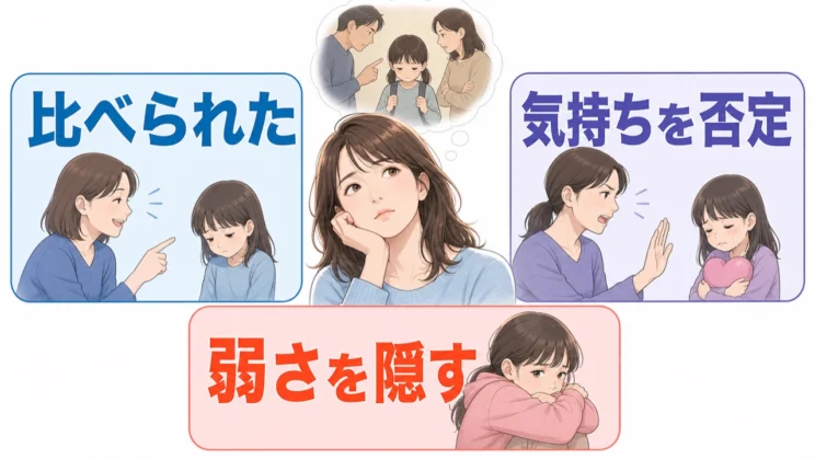 家庭で比べられたり気持ちを否定された経験は、弱さを隠す守り方につながることがあります。