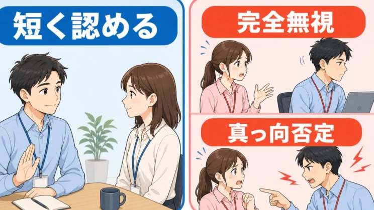 短く認めて境界を保つ対応は、完全無視や真っ向否定よりも反発を招きにくい現実的な選択です。