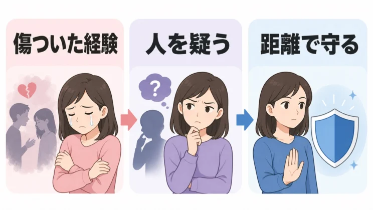 傷ついた経験のあとに人を疑い、距離を取って自分を守る流れが身につく場合があります。