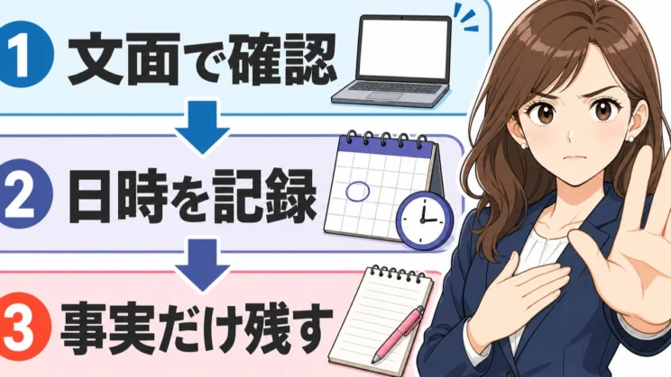 業務連絡を文面で確認し、日時と事実だけを残す記録は、相手を責めるためではなく自分を守るためです。