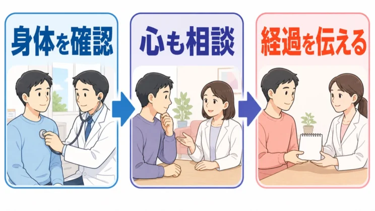 体の病気を確認しつつ心の可能性も相談し、これまでの経過を伝えます。