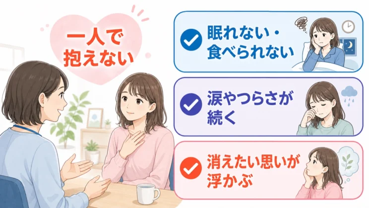 眠れない、食べられないなどの状態が続くときは、一人で抱えず早めに専門家へつながってください。