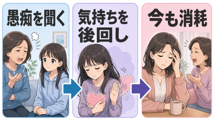 子どもの頃から母の聞き役を続けると、自分の感情を後回しにする疲れが今にも残りやすくなります。