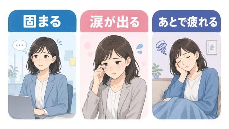 固まる、涙が出る、疲れるという流れを分けると対処を考えやすくなります。