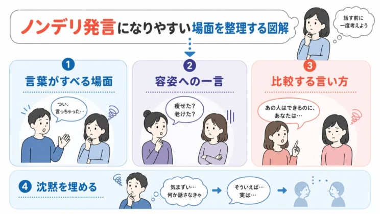 言葉がすべりやすい場面を知っておくと、注意する場所をしぼれます。