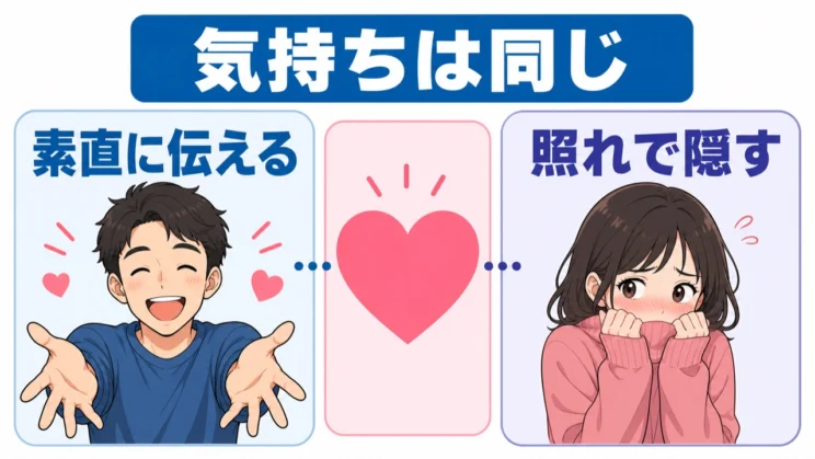 優しさの中身ではなく、素直に伝えるか照れで隠すかという表現の違いとして捉えられます。