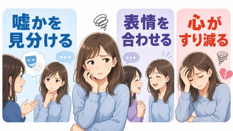 友達の言葉の本当と嘘を見分け、表情まで合わせ続けることが、気づきにくい心の消耗につながります。
