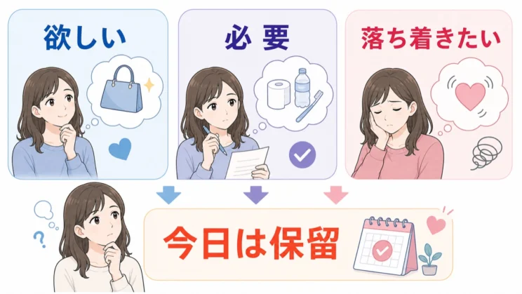 欲しい、必要、落ち着きたいを分けると、その日の判断を保留しやすくなります。