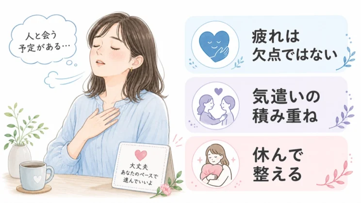 疲れを欠点ではなく、気遣いの積み重ねとして見直す視点を補います。