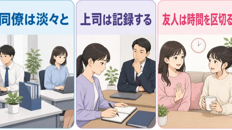 同僚・上司・友人では取れる距離が違うため、相手との関係に合う方法を選んで構いません。
