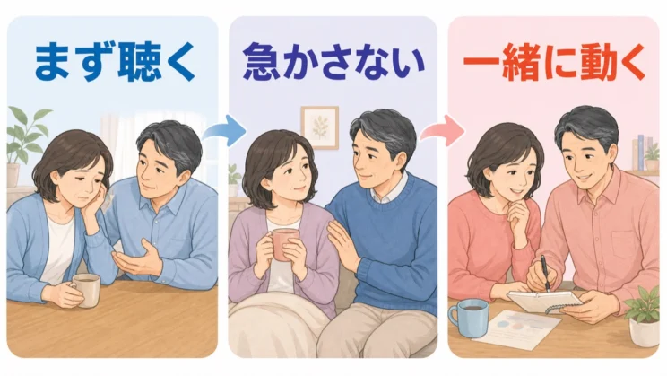 まず気持ちを聴き、回復を急かさず、家事や受診を一緒に考える順番が支えになります。