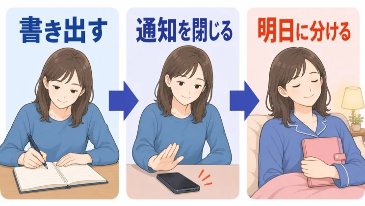 不安を書き出して通知を閉じ、明日考えることに分けると、月曜を前倒しせずに休みやすくなります。