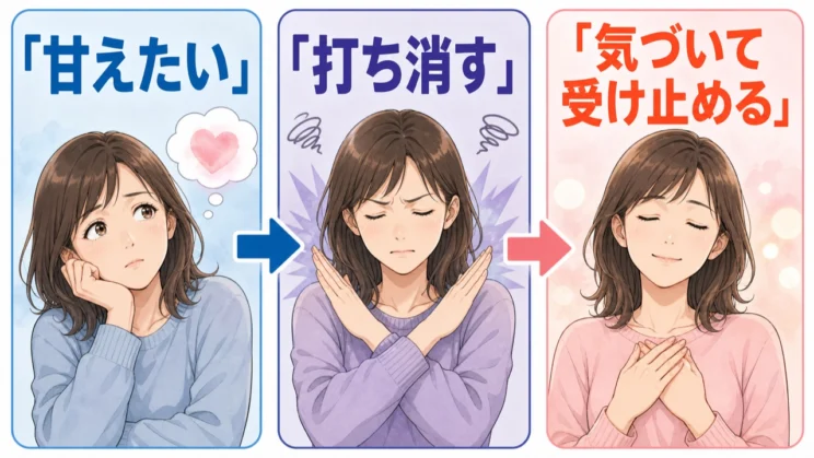 甘えたい気持ちを反射的に打ち消すのではなく、まず気づいて受け止めることが小さな出発点になります。