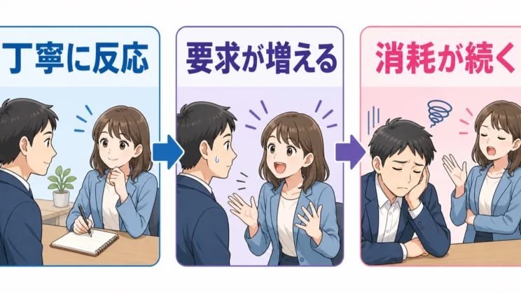 丁寧な反応が次の要求を増やし、その繰り返しが聞き手の消耗につながる循環に気づくことが大切です。