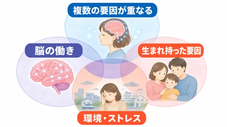 脳の働き、生まれ持った要因、環境やストレスは重なり合って影響します。