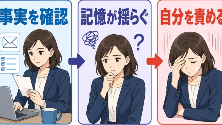 嘘の裏取りを重ねるうちに、自分の記憶まで疑ってしまう流れは、心を静かに消耗させます。