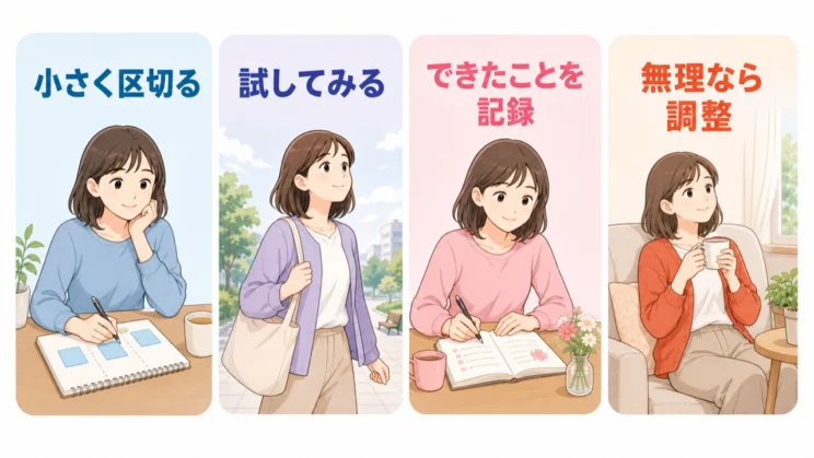 小さく試し、できたことを記録し、難しい日は歩幅を調整する進み方で構いません。