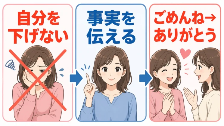 自分を下げず、状況と対応を伝えると、相手にも受け取られやすくなります。