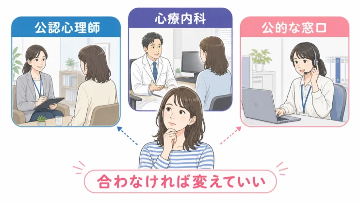 今の目的に合う相談先から始め、合わなければ別の窓口へ変えてもかまいません。