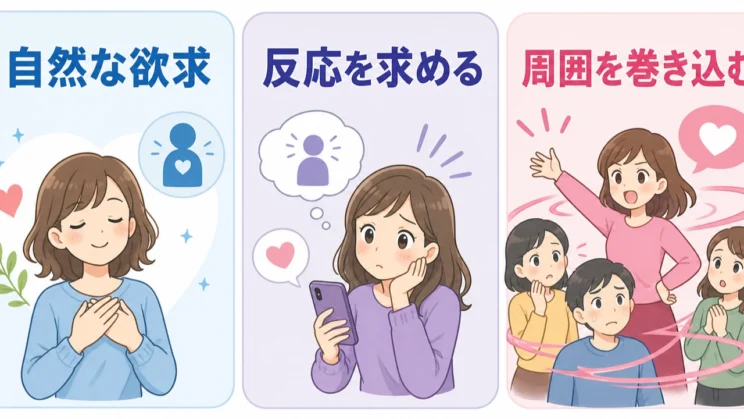 認めてほしい気持ちは自然でも、反応を強く求めて周囲を巻き込む形になると、聞き手の負担が大きくなります。