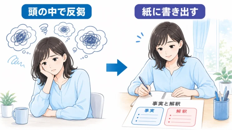 頭の中の反芻を紙に移すと、事実と解釈を落ち着いて見分けやすくなります。