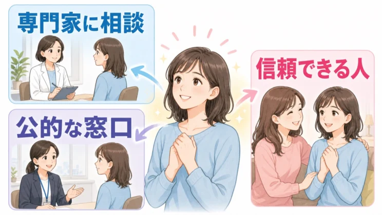 専門家、公的な窓口、信頼できる人は、状況を一人で抱え込まないための現実的な選択肢です。
