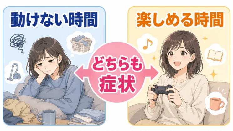 動けない時間と楽しめる時間が同時にあることは、気分反応性という症状の見え方として整理できます。